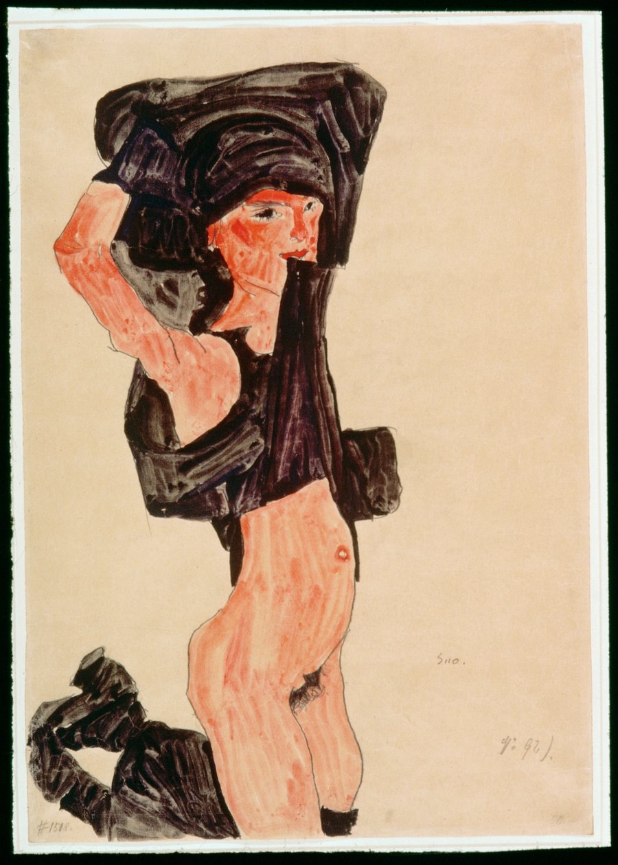 Knælende pige, der klæder sig af (gouache, akvarel og blyant) af Egon Schiele