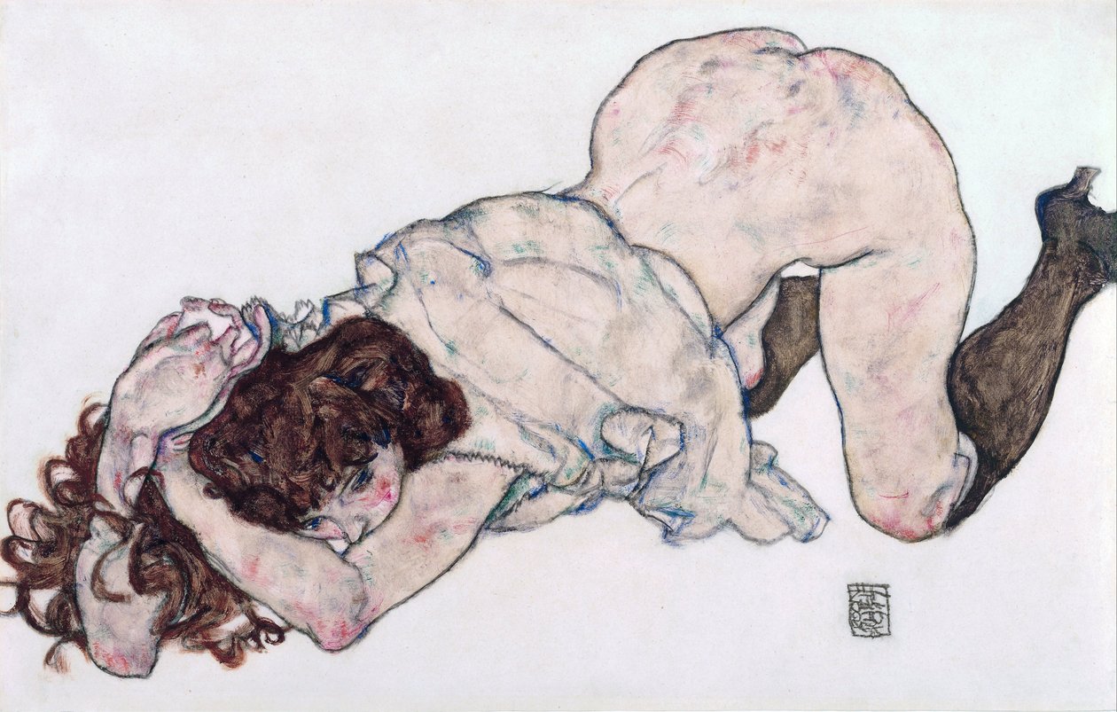 Knælende pige, hviler på begge albuer - Schiele, Egon (1890-1918) - 1917 - Sort kridt, Gouache på papir - 28,7x44,3 - Leopold Museum, Wien af Egon Schiele