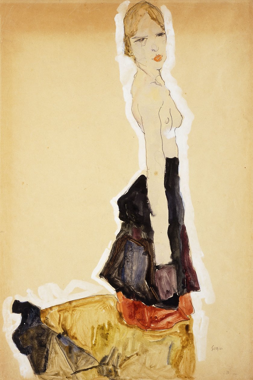 Knælende pige med spansk nederdel; Knælende pige med spansk nederdel, 1911 af Egon Schiele