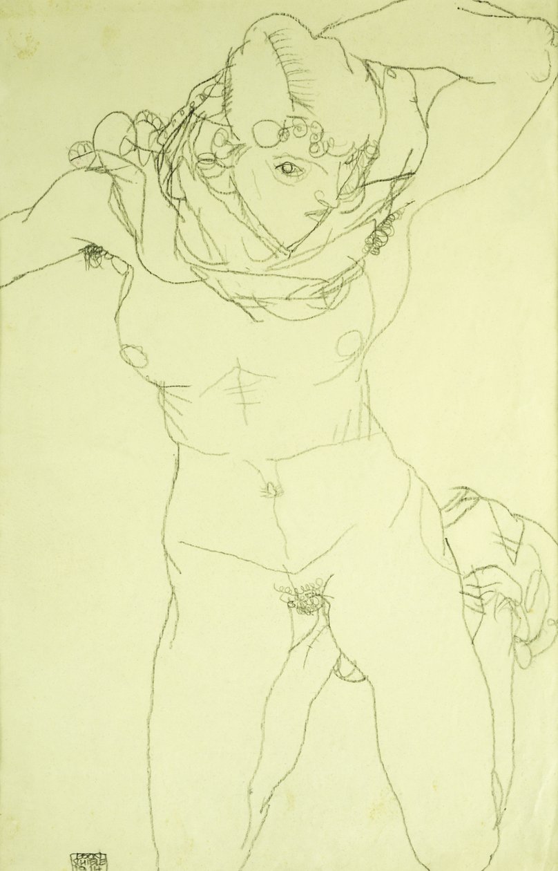 Knælende nøgen forfra; Knælende nøgen forfra, 1914 af Egon Schiele