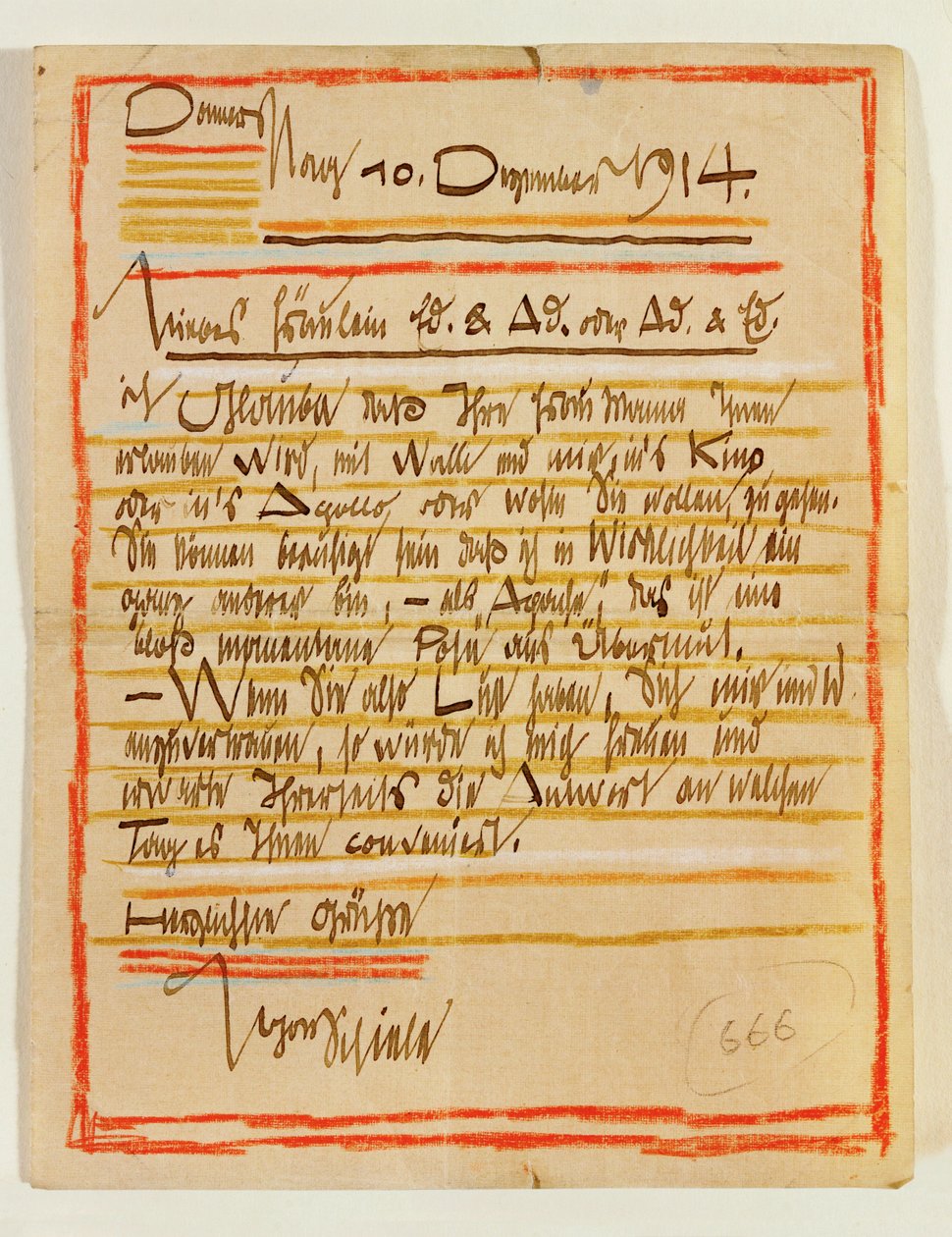 Kunstnerisk udformet brev fra Egon Schiele til søstrene Edith og Adele Harms dateret 10 ... (blæk, farvekridt) af Egon Schiele