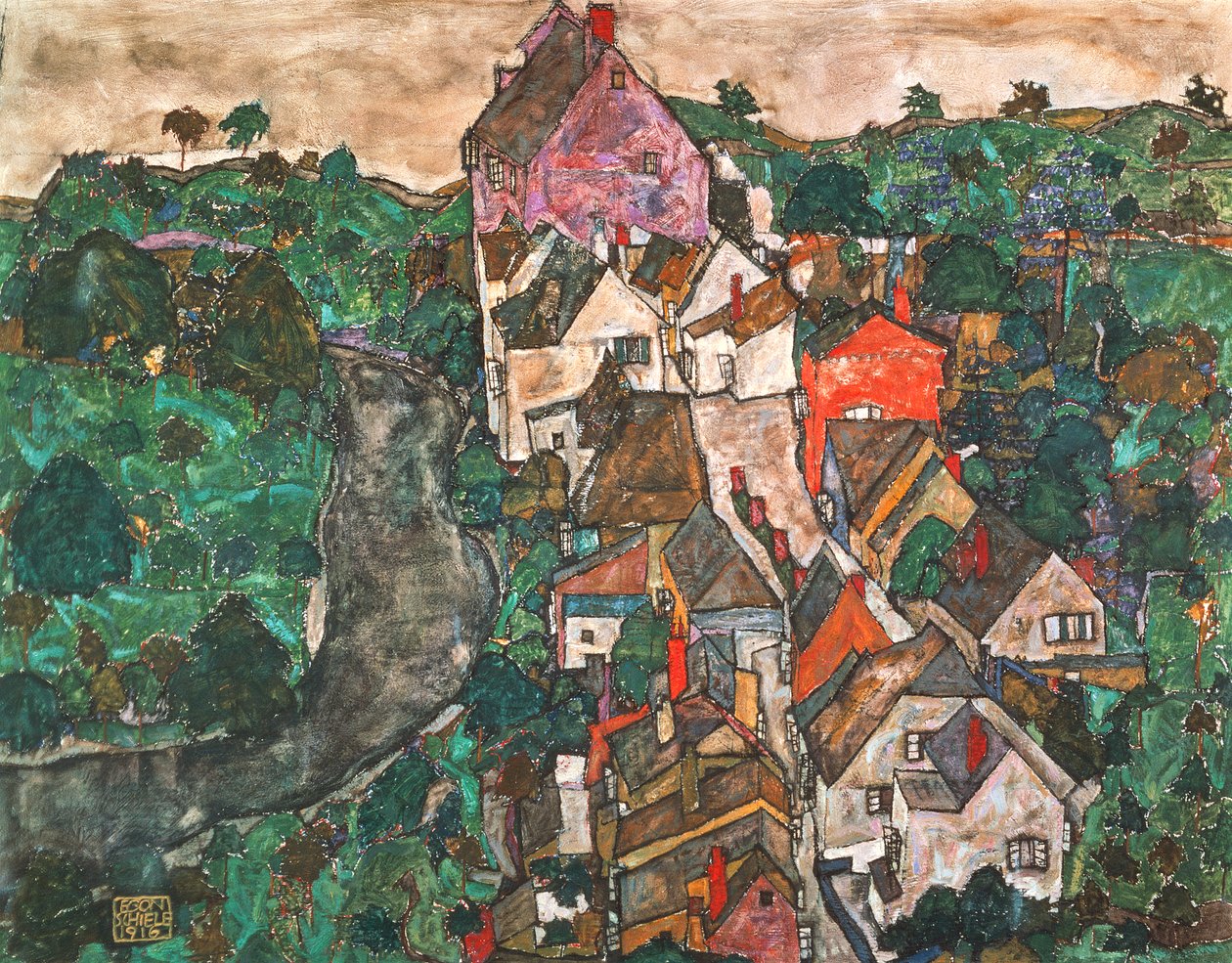 Landskab ved Krumau af Egon Schiele