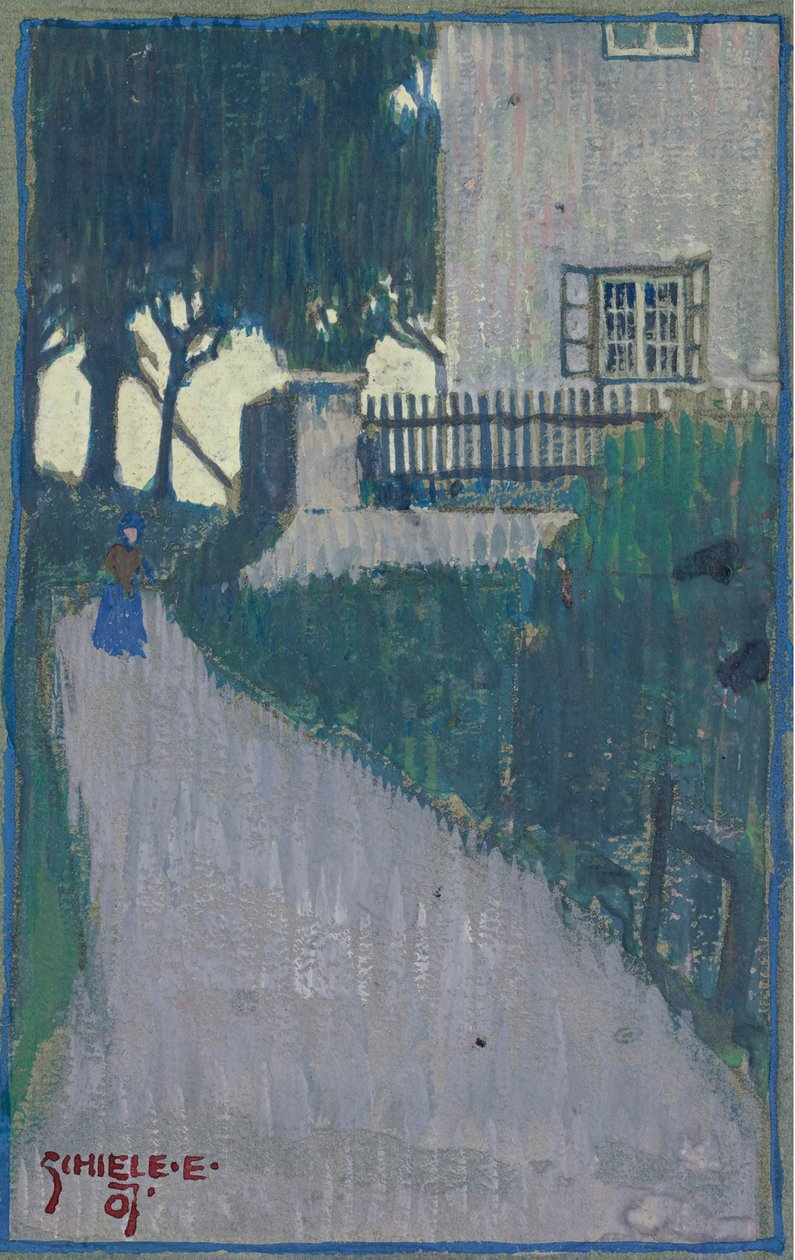 Landskab med hus, træer og kvindefigur af Schiele, Egon (1890-1918) af Egon Schiele