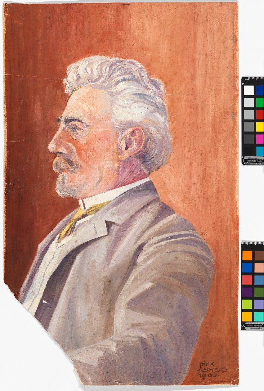 Leopold Czihaczek i profil foran en rød baggrund af Egon Schiele