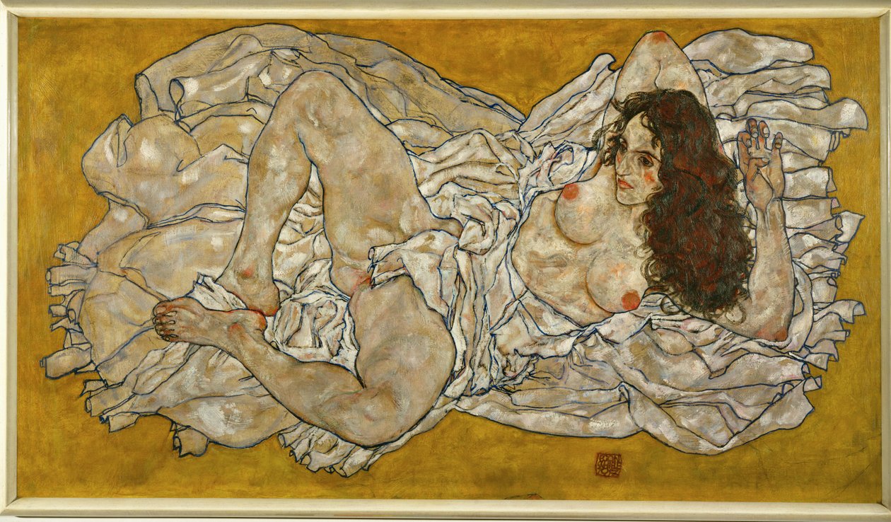 Liegende Frau. Liggende kvinde (olie på lærred) af Egon Schiele
