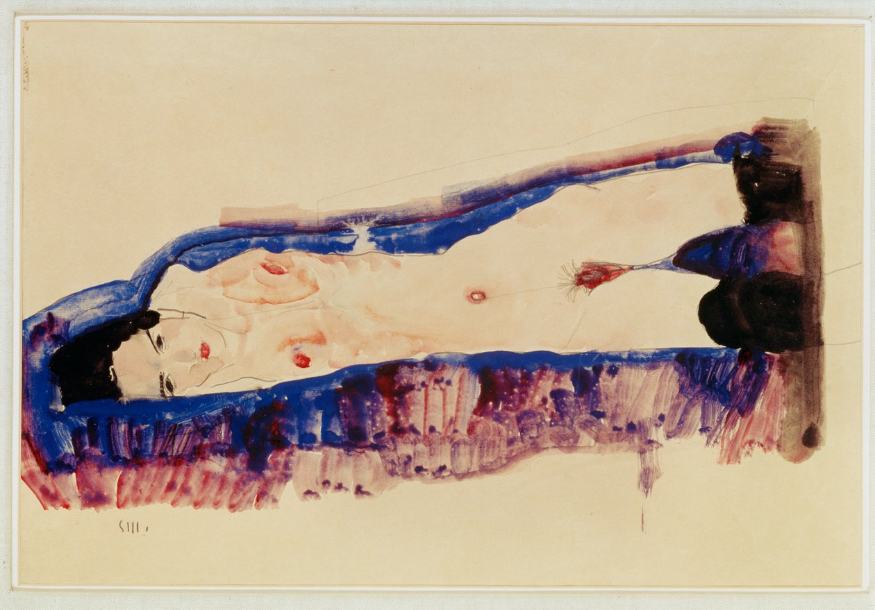 Liggende nøgen med sorte strømper ... (akvarel og blyant) af Egon Schiele