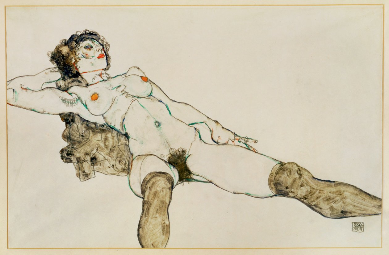 Liggende nøgen kvinde med spredte ben ... (gouache og blyant) af Egon Schiele