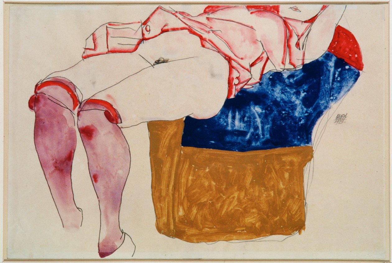 Liggende pige med violette strømper [Liggende ... (gouache, akvarel og blyant) af Egon Schiele