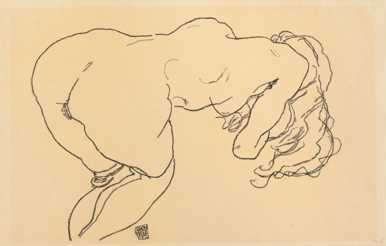 Langhåret nøgen, fremadlænet, set bagfra; Langhaariger Akt, vornubergebeugt, Ruckenansicht, 1918 af Egon Schiele