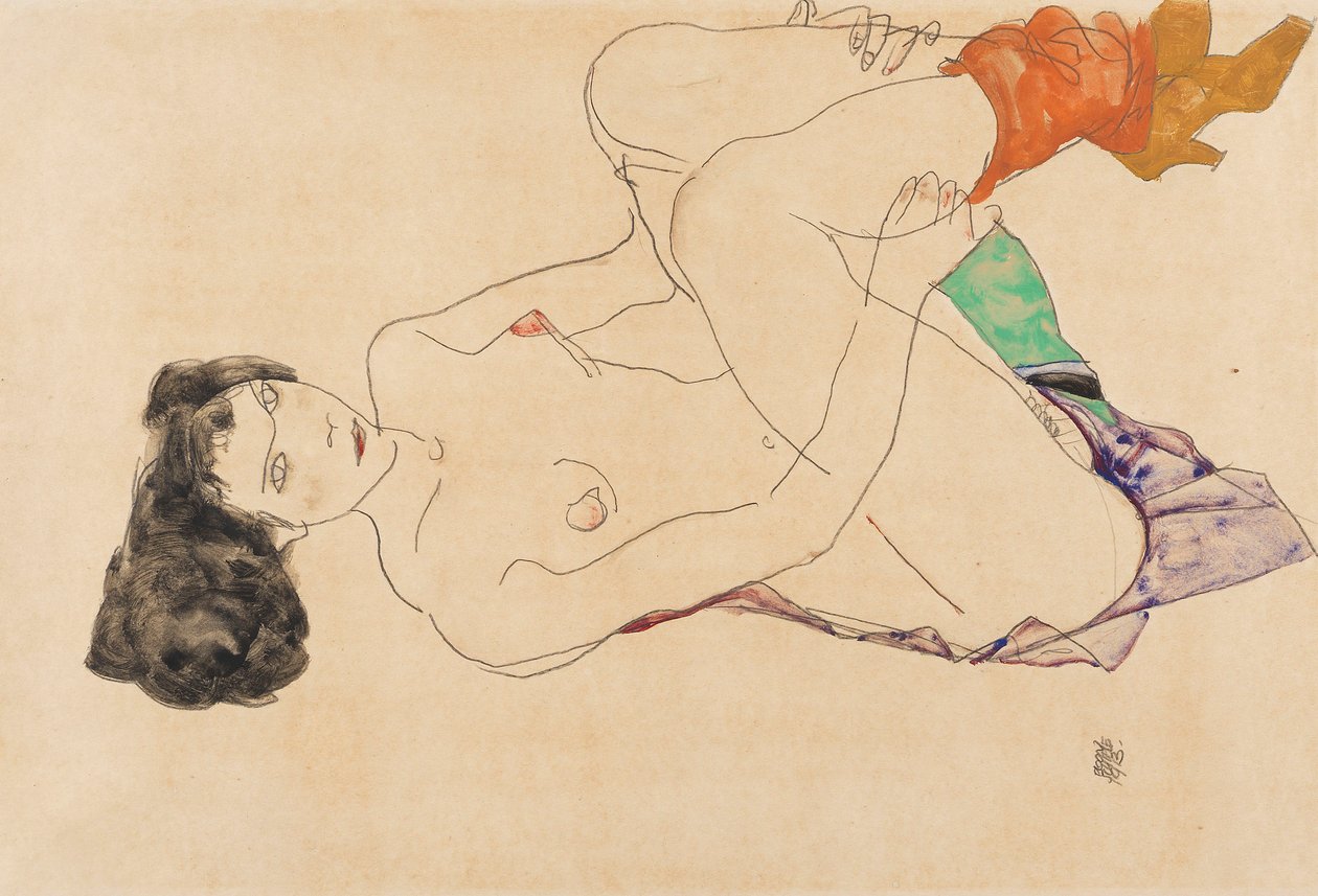 Liggende nøgen kvinde med optrukket ben, 1913. af Egon Schiele
