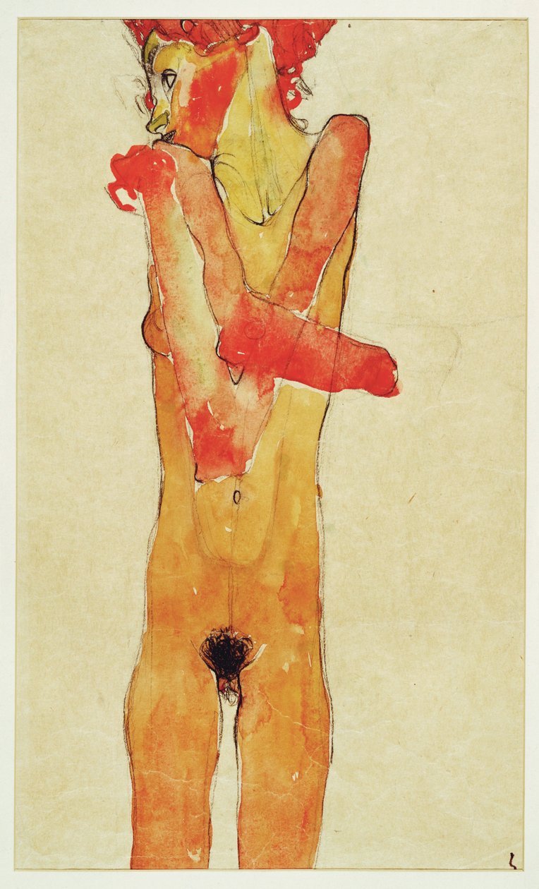 Maedchenakt mit verschraenkten Armen (nøgen pige med ... (akvarel og trækul) af Egon Schiele