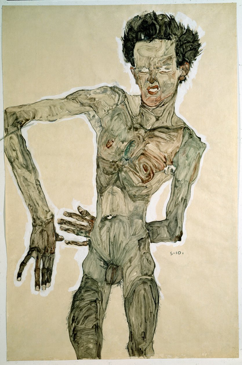 Mandlig nøgen (selvportræt). Tegning af Egon Schiele (1890-1918), 1910. Blyant, akvarel og tempera på papir. Dim: 55,7x36,8cm. Wien, Graphische Sammlung Albertina af Egon Schiele