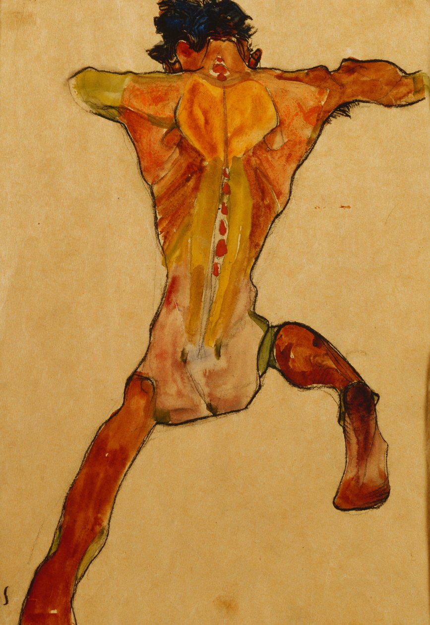 Nøgen mand set bagfra; Mand nøgen bagfra, 1910 af Egon Schiele