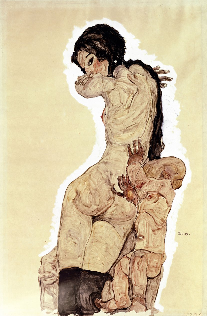 Mor og barn. (Mor og Barn). Værk af Egon Schiele (1890-1918), akvarel og gouache på papir af Egon Schiele