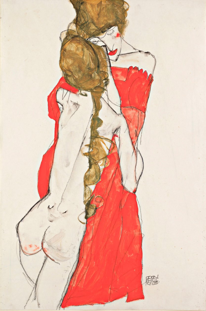 Mor og datter - Værk af Egon Schiele (1890-1918), gouache på papir af Egon Schiele