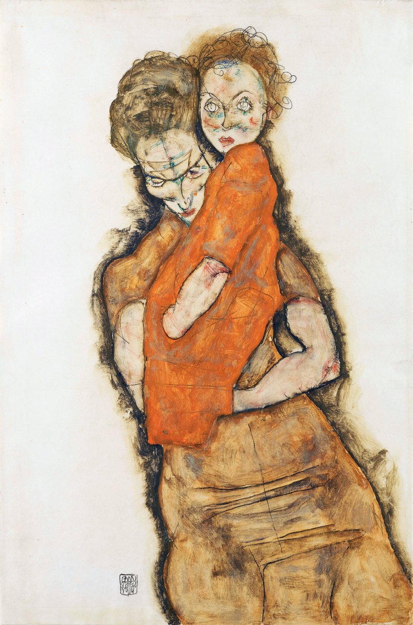 Mor og barn - Schiele, Egon (1890-1918) - 1914 - Sort kridt, Gouache på papir - 48,2x31,9 - Leopold Museum, Wien af Egon Schiele