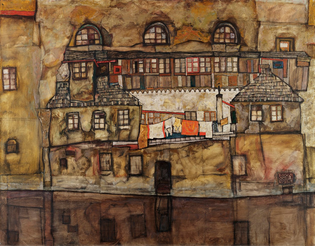 Mur af huse ved floden - Maleri af Egon Schiele (1890-1918), olie på lærred af Egon Schiele