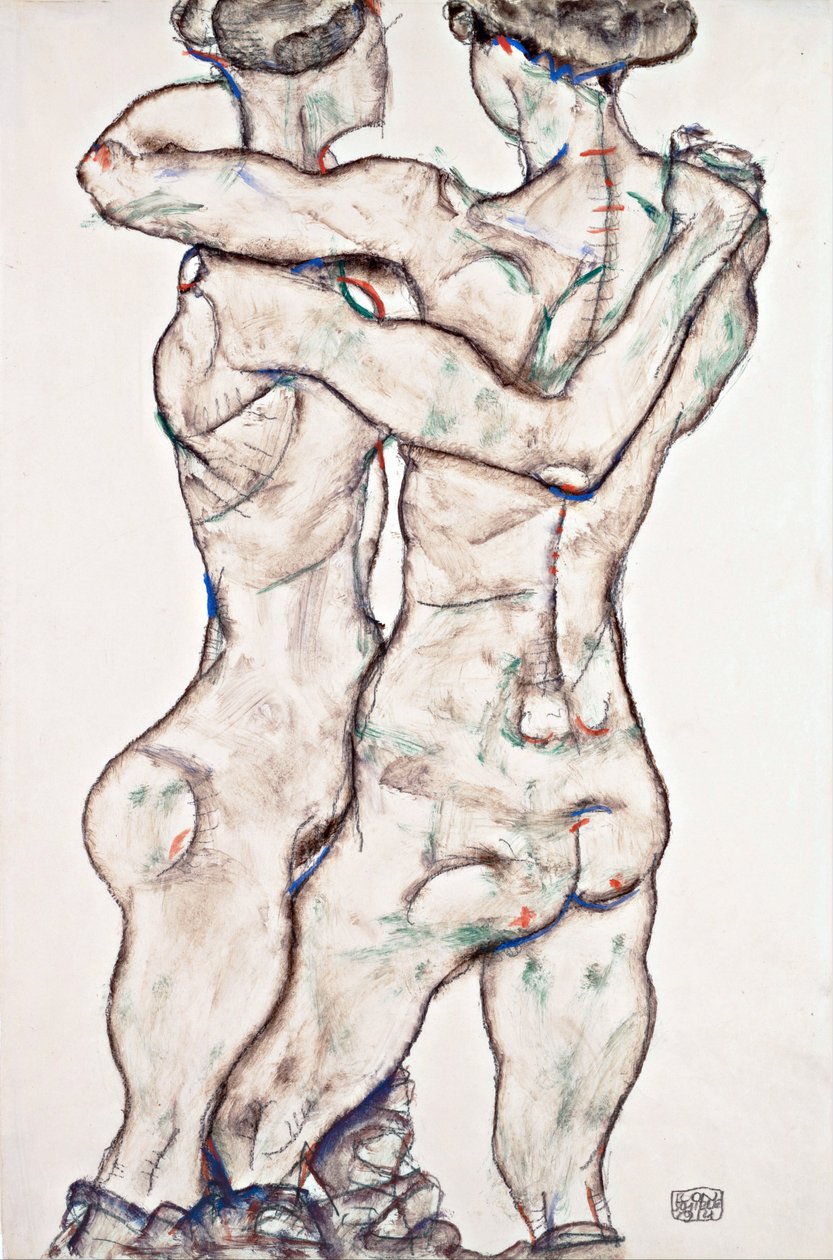 Nøgne piger omfavner - Schiele, Egon (1890-1918) - 1914 - Sort kridt, Gouache på papir - 48x31,2 - Leopold Museum, Wien af Egon Schiele