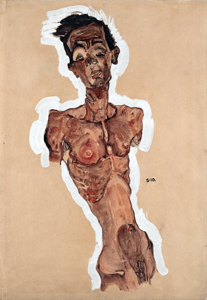Nøgen selvportræt - Schiele, Egon (1890-1918) - 1910 - Sort kridt, Gouache på papir - 44,9x31,3 - Leopold Museum, Wien af Egon Schiele