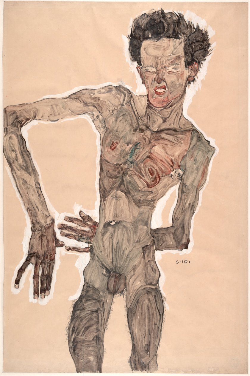 Nøgen-selvportræt, grimasser, 1910 af Egon Schiele
