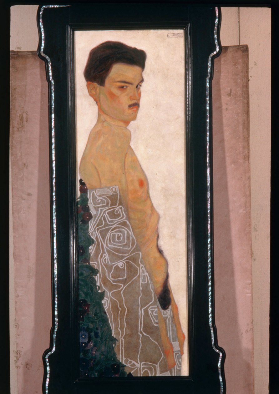 Nøgen selvportræt med ornamentalt draperi ... (olie- og metalmaling) af Egon Schiele