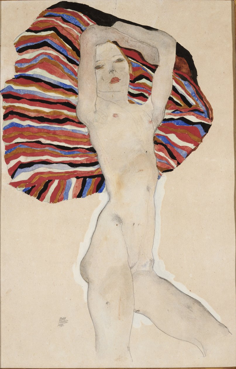 Nøgen mod farvet materiale, 1911 af Egon Schiele