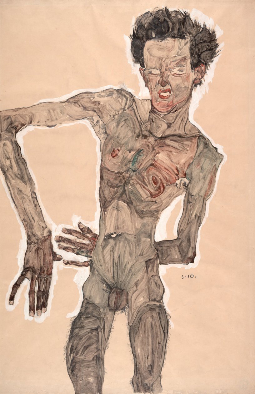 Nøgen selvportræt, grimasserende af Egon Schiele