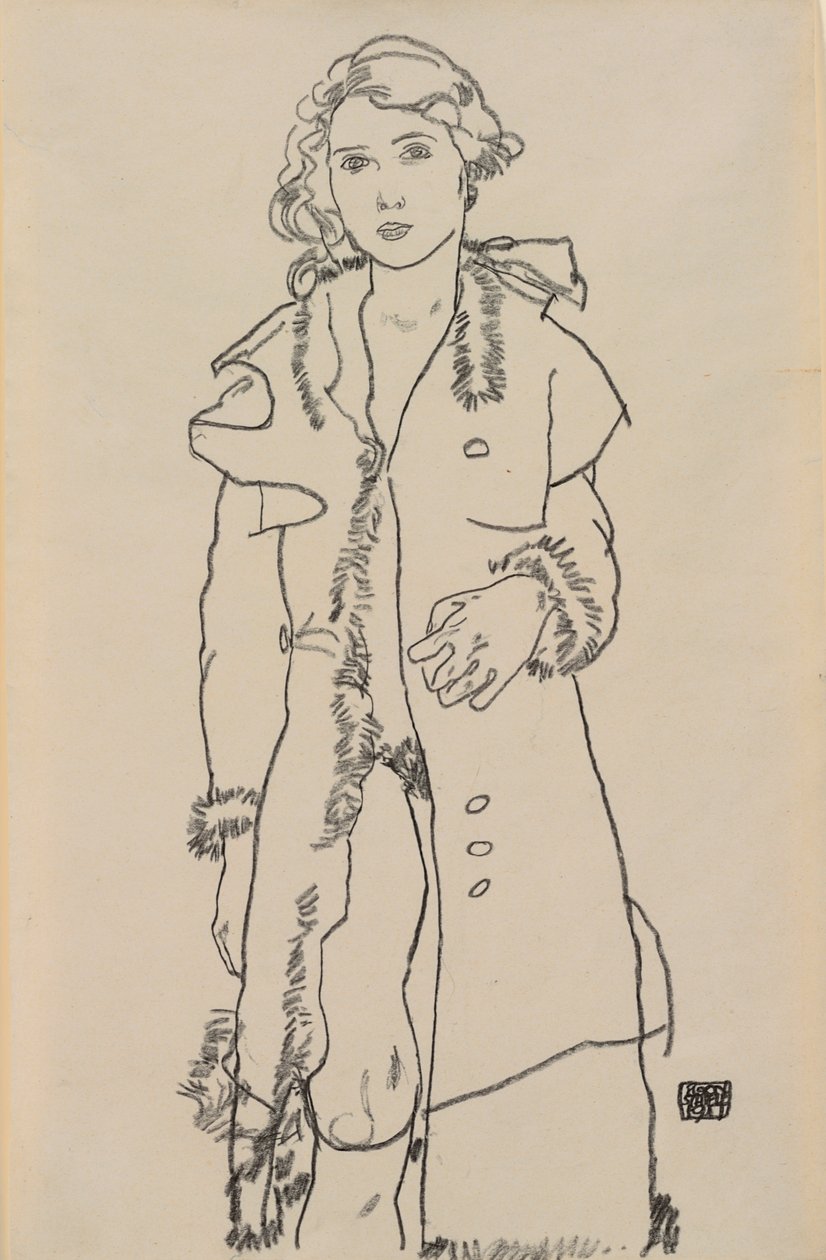 Nøgen med pels trimmet frakke; Nøgen pige med pelsklippet frakke, 1917 af Egon Schiele