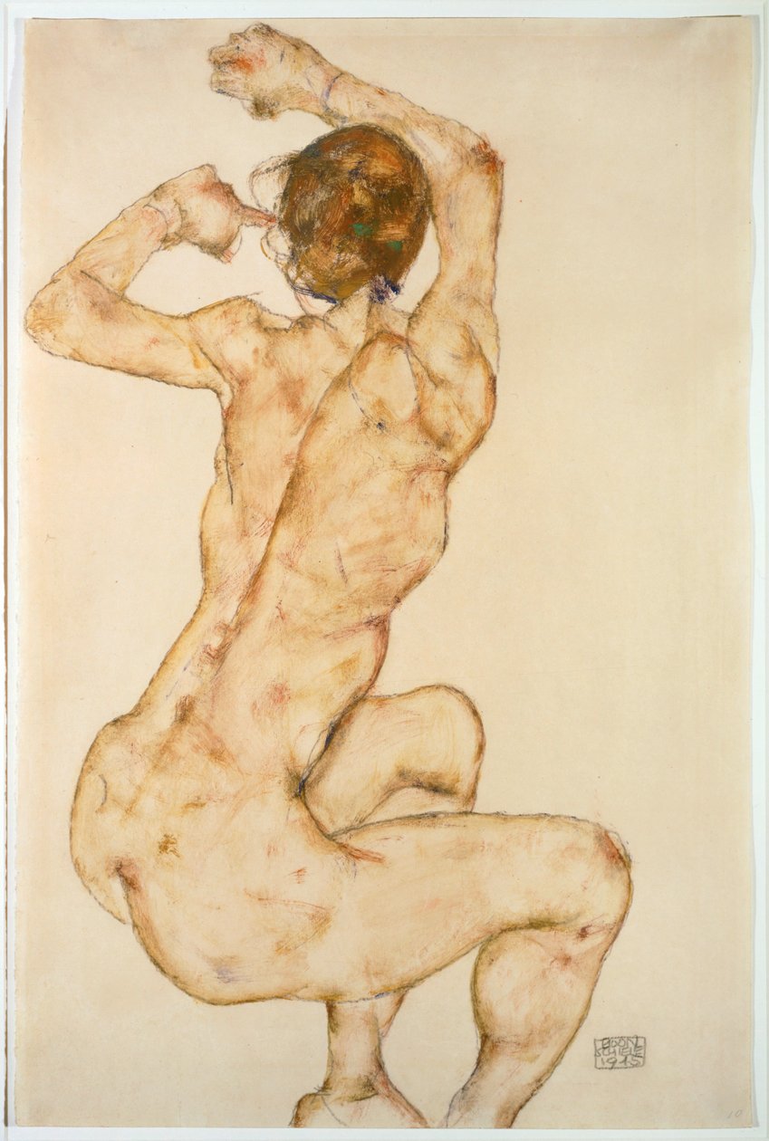 Nøgen med løftede arme ... (gouache og blyant) af Egon Schiele