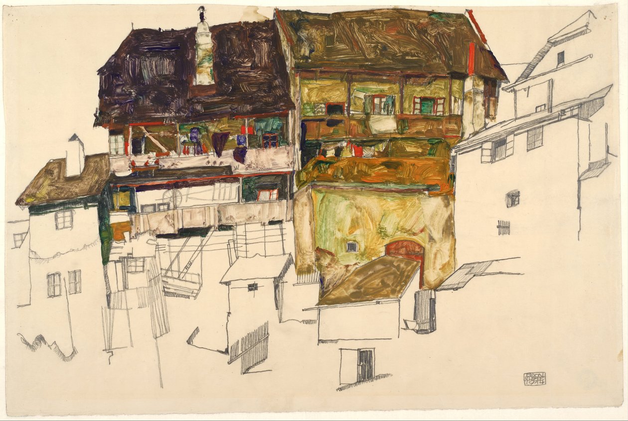 Gamle huse i Krumau, 1914 af Egon Schiele