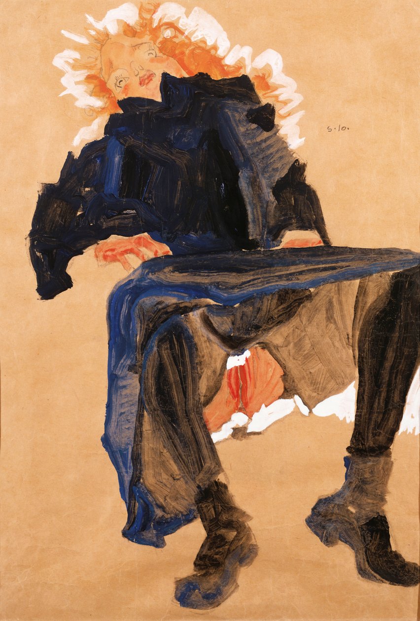 Liggende pige i en blå kjole, 1910 af Egon Schiele
