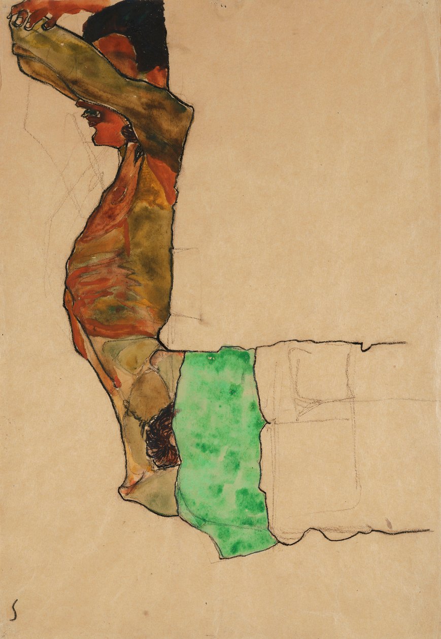 Liggende nøgen mand med grøn klud af Egon Schiele