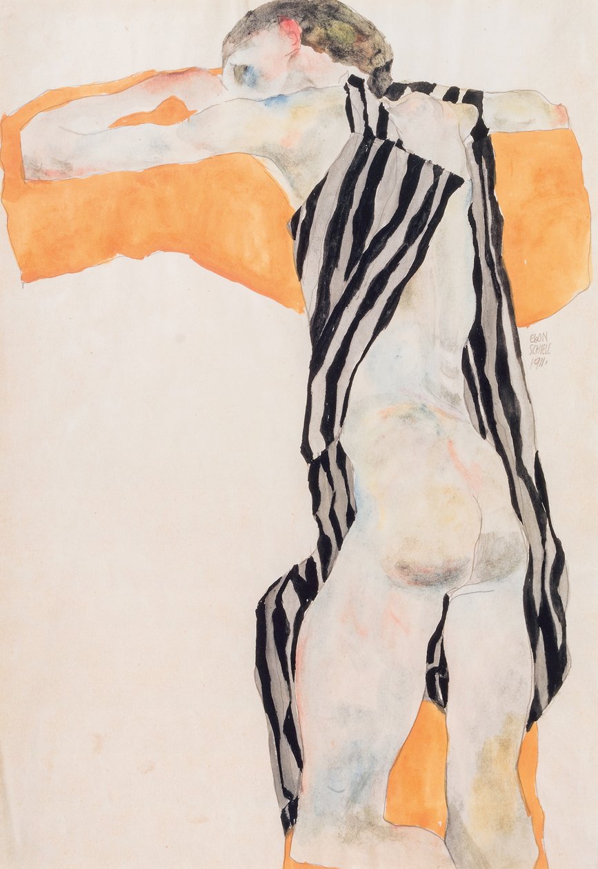 Liggende nøgen pige i stribet kittel, 1911. af Egon Schiele