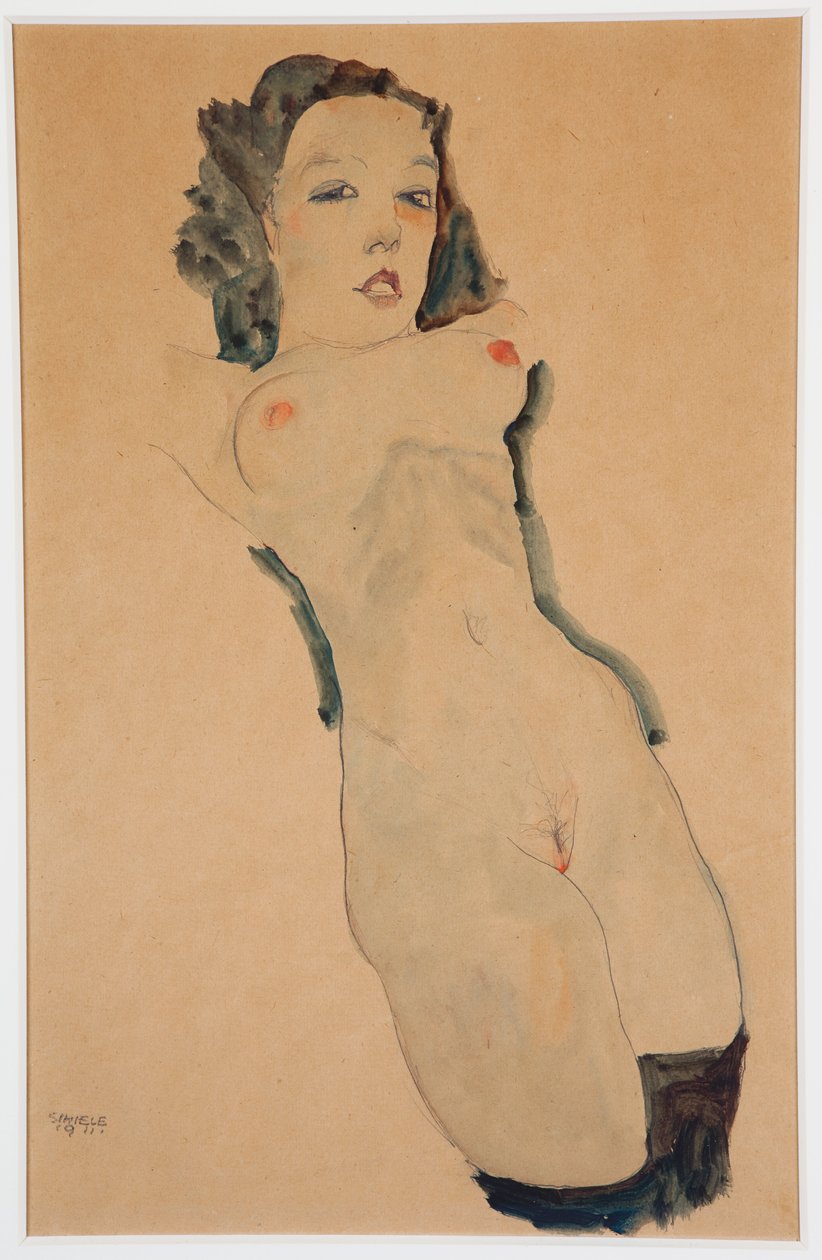 Liggende nøgen med sorte strømper; Liggende nøgen med sorte strømper, 1911 af Egon Schiele