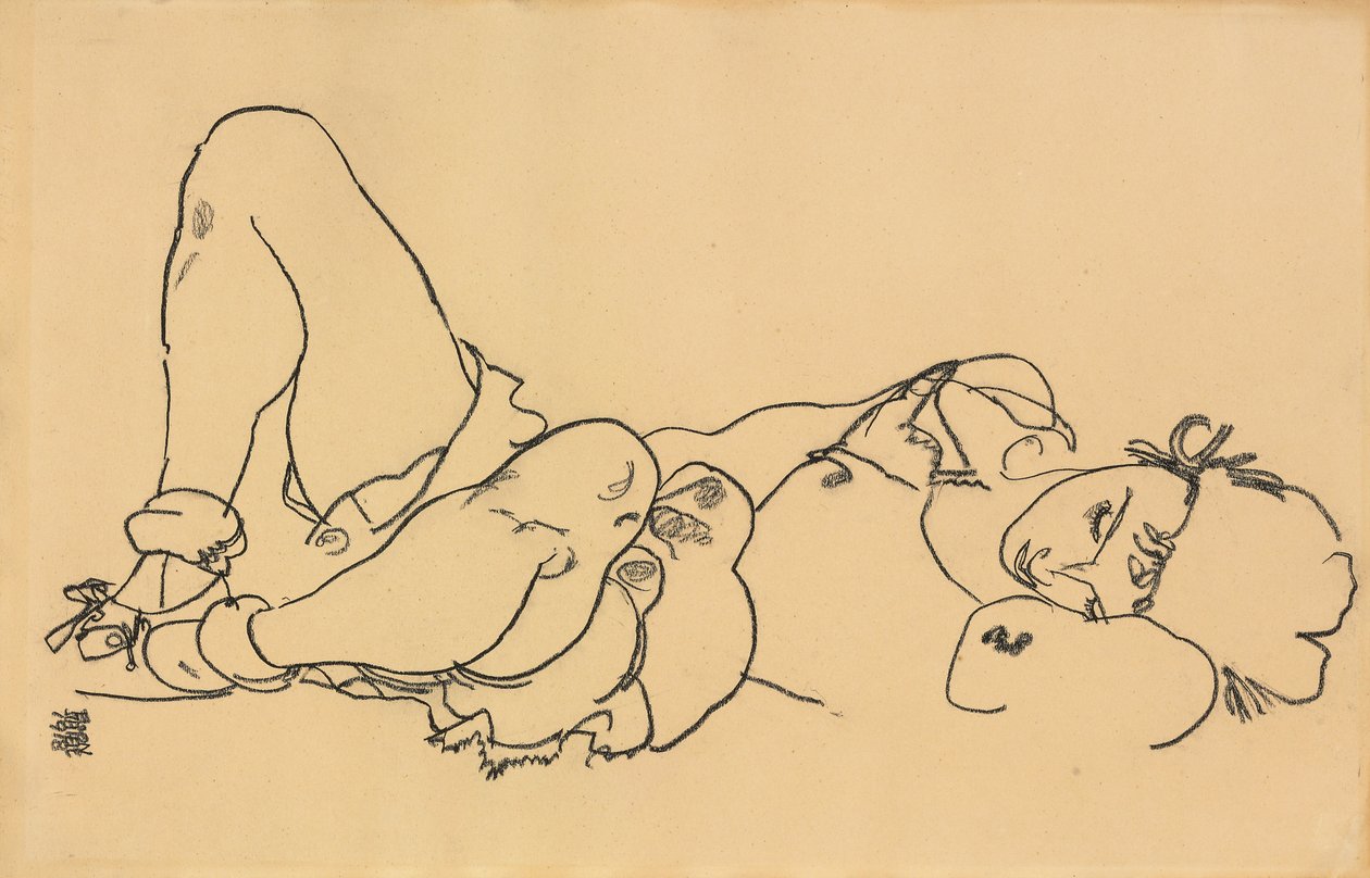 liggende kvinde; Løgn, 1918 af Egon Schiele