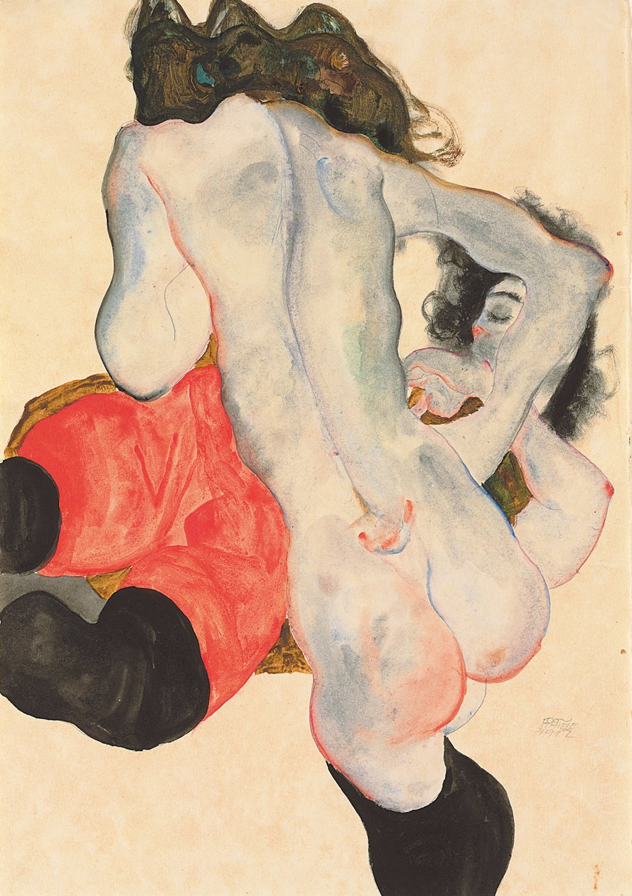 Tilbagelænet kvinde i røde bukser og stående kvindelig nøgen, 1912 af Egon Schiele