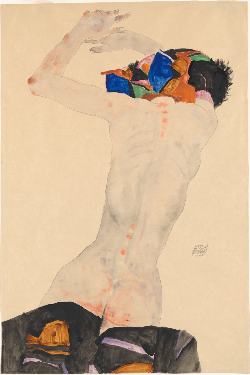 Rückenakt mit buntem Tuch Nude bagfra med en farvet klud, 1911. af Egon Schiele