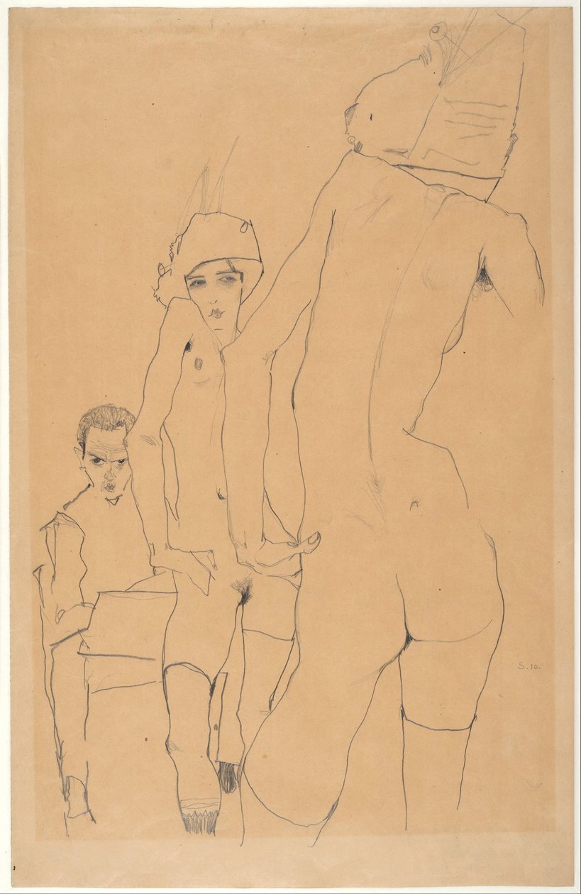 Schiele med nøgenmodel før spejlet, 1910 af Egon Schiele