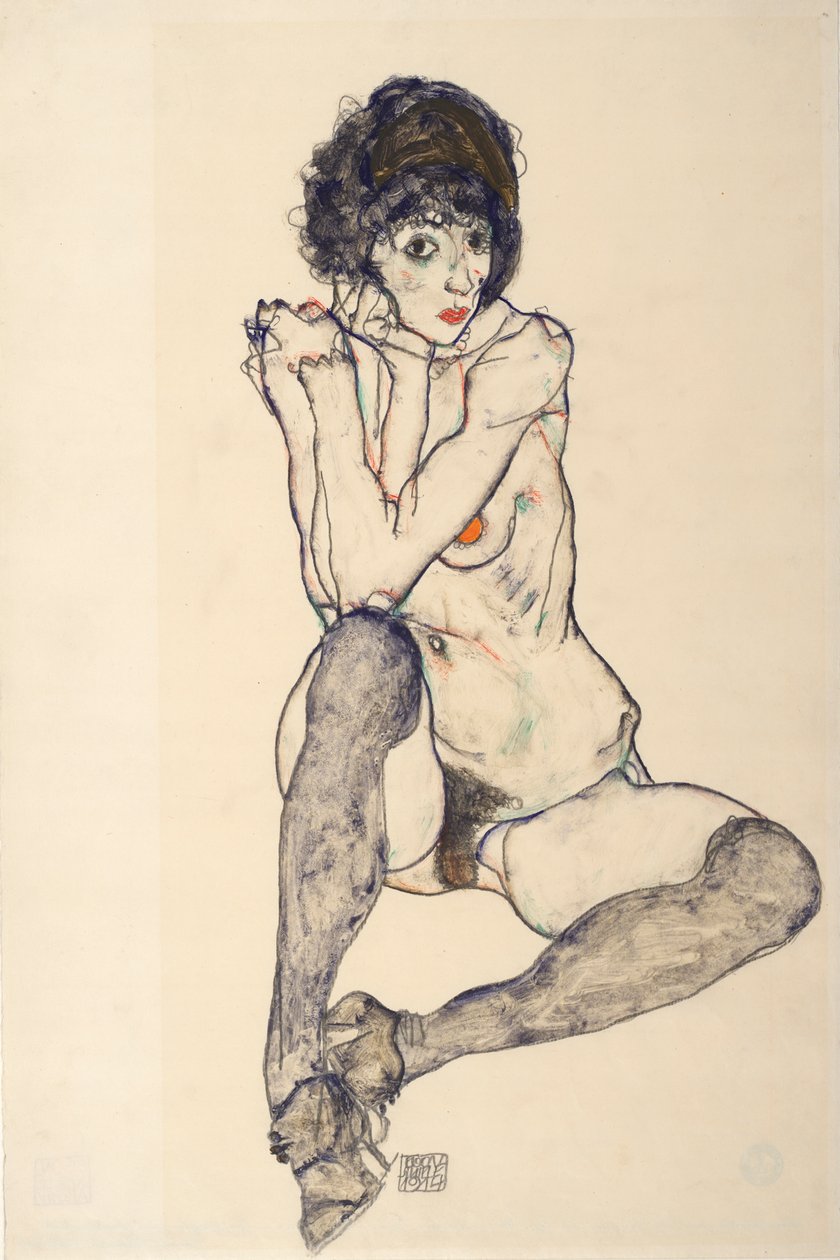 Siddende nøgen kvinde, albuer hvilende på højre knæ, 1914. af Egon Schiele