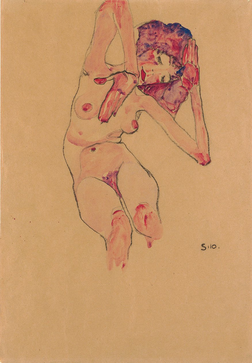Siddende nøgen kvinde med bøjet hoved og løftede arme; Siddende nøgen med bøjet hoved og løftede arme, 1910 af Egon Schiele
