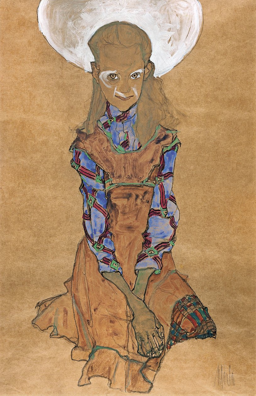 Siddende pige Poldi Lodzinsky, ca. 1910 af Egon Schiele