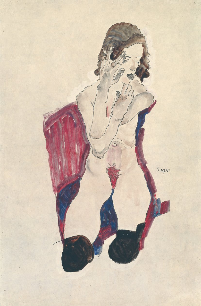 Siddende Pige med sorte Strømper og foldede Hænder; Siddende pige med sorte strømper og løftede hænder, 1911 af Egon Schiele