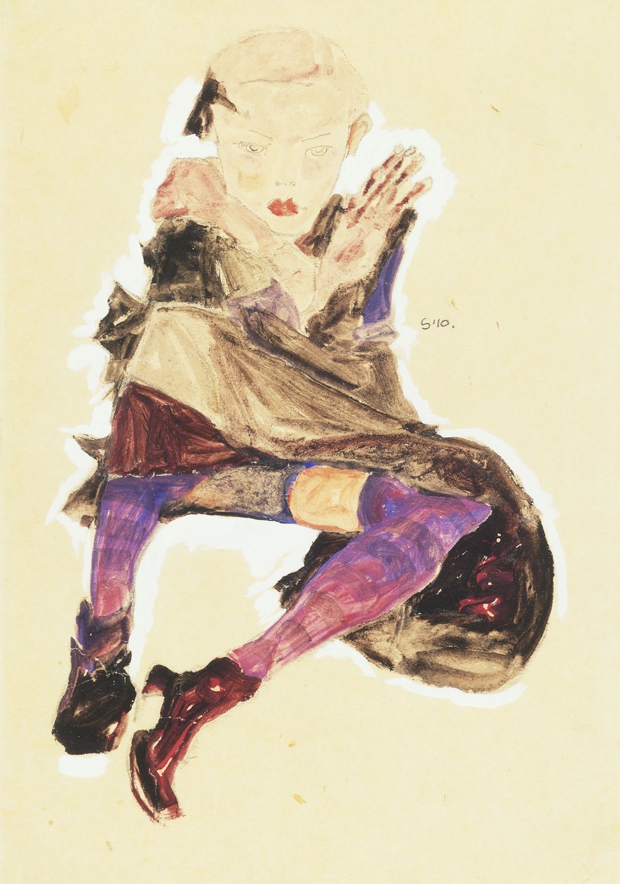 Siddende pige med stribede strømper; Siddende pige med stribede strømper, 1910 af Egon Schiele