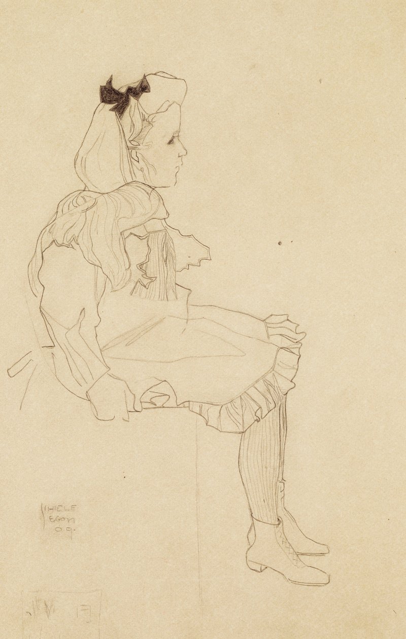 Siddende pige med sløjfe i håret, 1909 af Egon Schiele