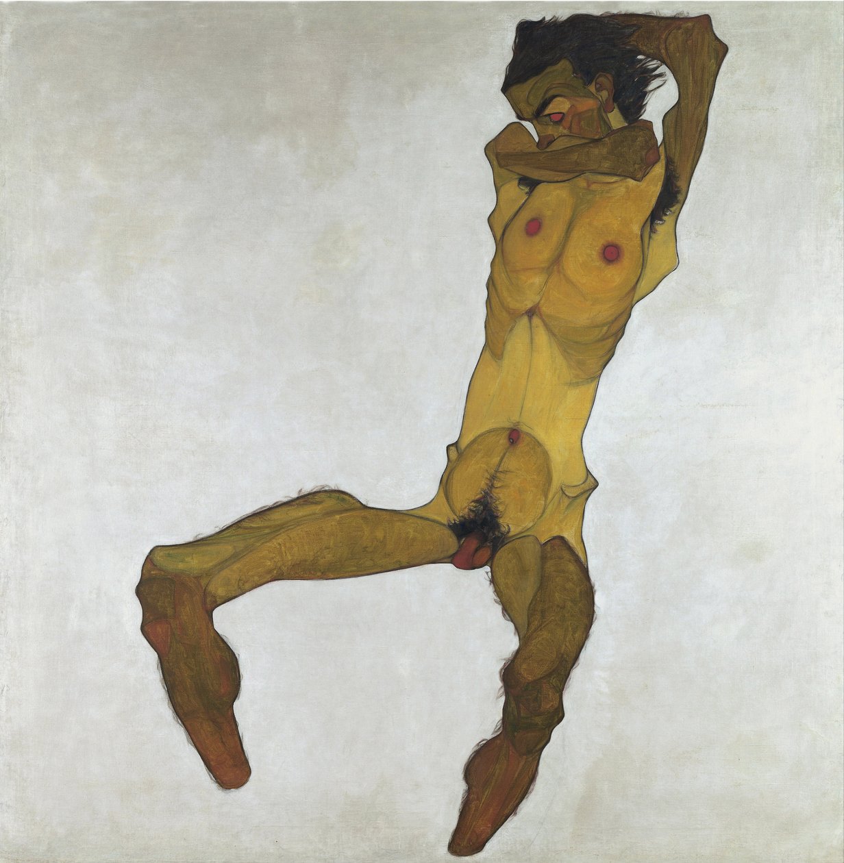 Siddende nøgen mand (selvportræt) - Schiele, Egon (1890-1918) - 1910 - Olie på lærred - 152,5x150 - Leopold Museum, Wien af Egon Schiele