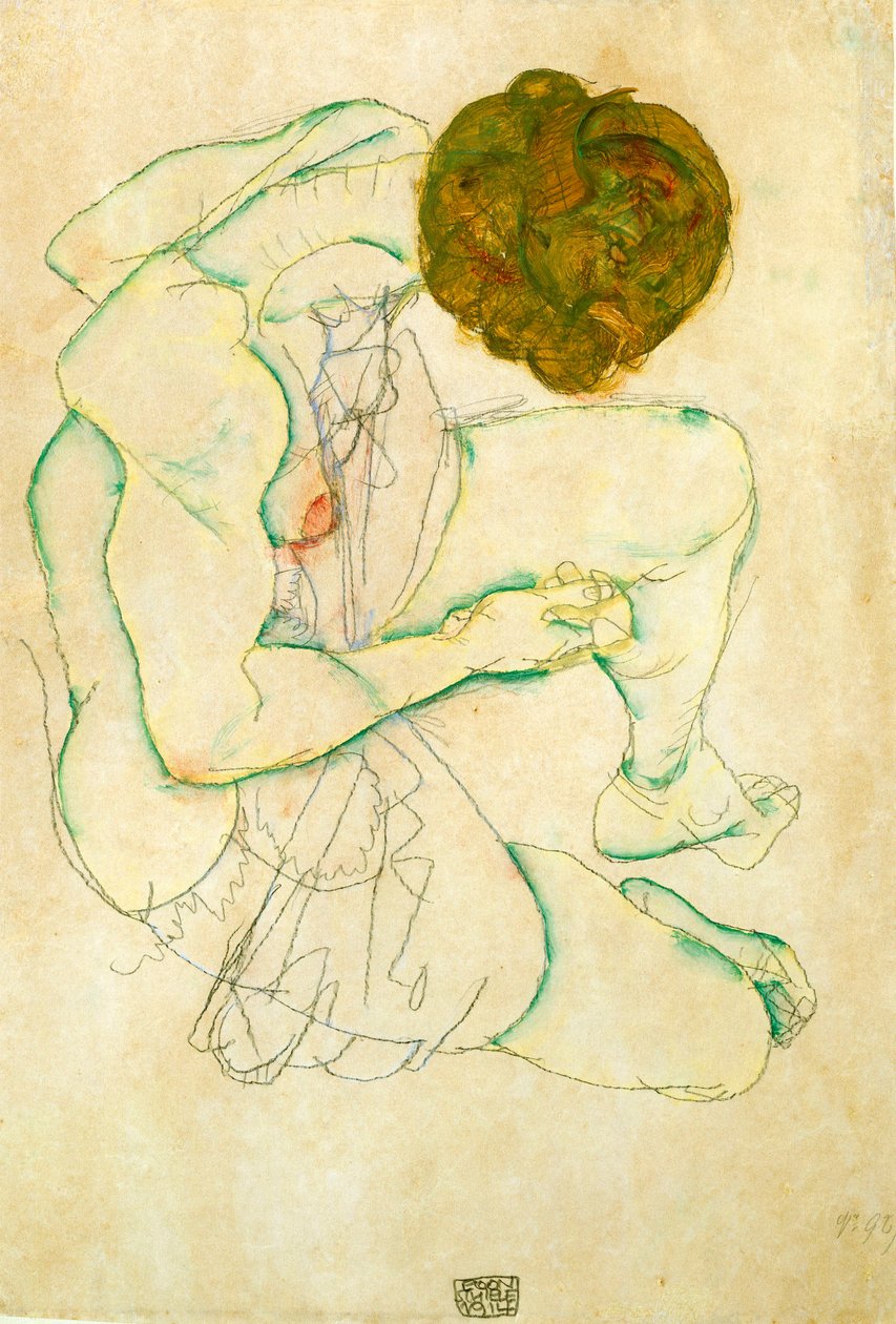 Siddende nøgen kvinde, 1914 af Egon Schiele