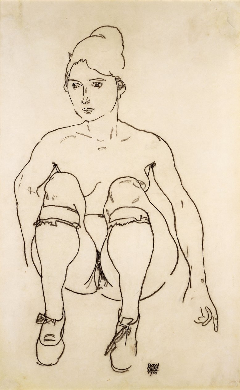 Siddende nøgen med sko og strømper; Siddende nøgen med sko og strømper, 1918 af Egon Schiele