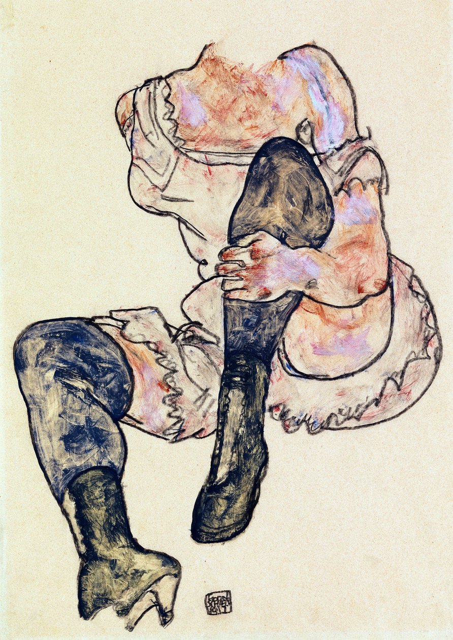 Siddende kvinde med bøjet venstre ben (Torso) af Schiele, Egon (1890-1918), ca. 1917 - Gouache og pastel på papir, 43,2x29,9 - Privat samling af Egon Schiele