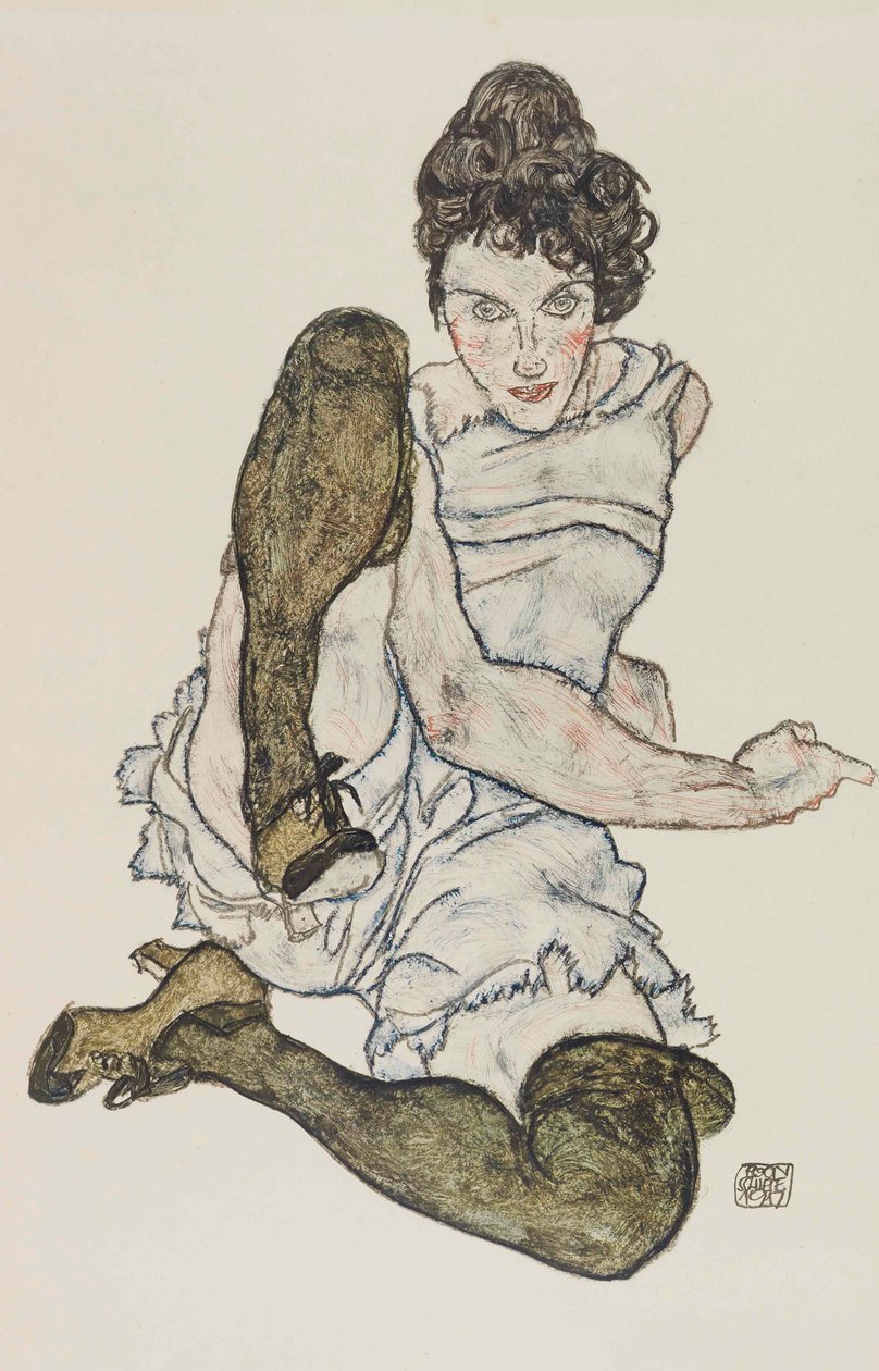 Siddende kvinde med optrukket ben, 1917. af Egon Schiele