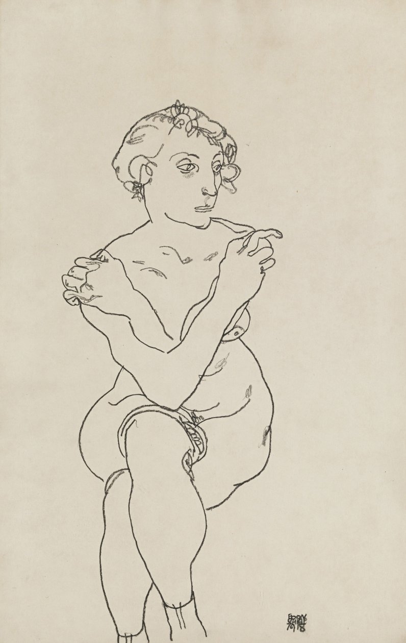 Siddende kvindelig nøgen, arme og ben i kors, 1918 af Egon Schiele